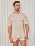 SilkSilky-CA Silk Knitted Short Sleeve V Neck Men's T-Shirt Beige 004