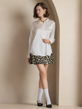 [White] SilkSilky-CA 19Momme Stretch Silk Charmeuse Long Sleeve Lapel Collar Women's Shirt 006