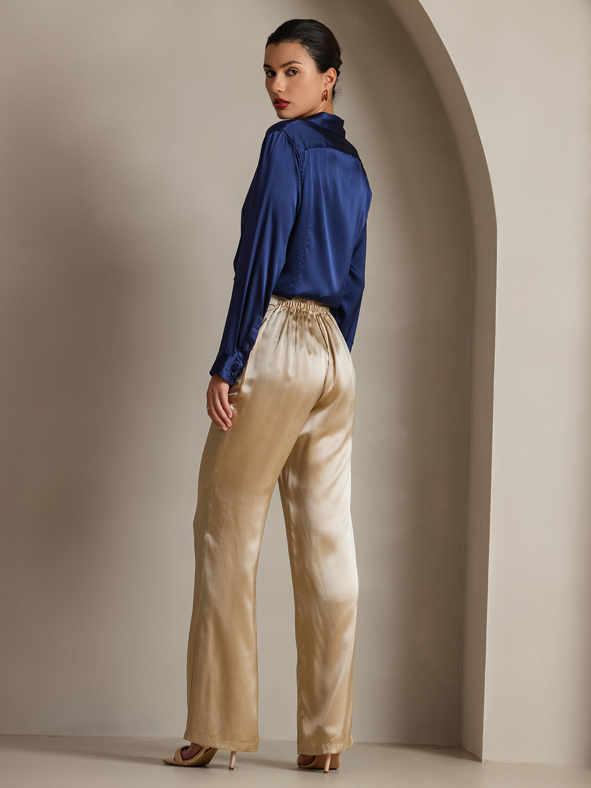 [Dark Blue] SilkSilky-CA 19Momme Stretch Silk Charmeuse Long Sleeve Lapel Collar Women's Shirt 002