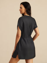 [Black] SilkSilky-CA 18Momme Silk Satin Surah Cap Sleeve Henley Neck Dress 002