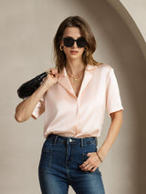 [Pink] SilkSilky-CA 19Momme Silk Notched Neck Women's Shirt 003