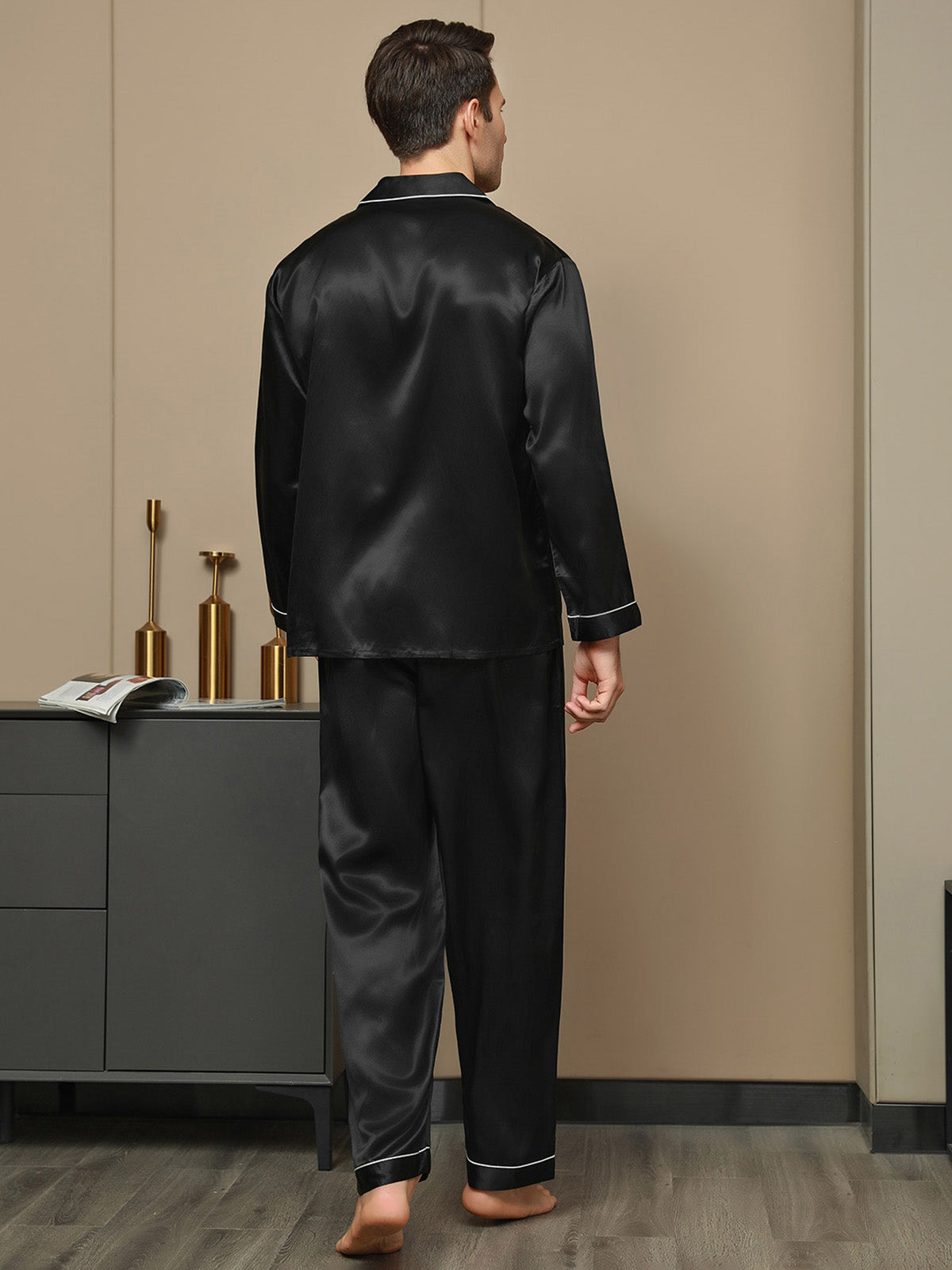 [Black] SilkSilky-CA Long Sleeve Notch Collar Men's Pajamas 002