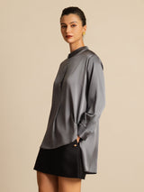 [Dark Gray] SilkSilky-CA 19Momme Stretch Silk Charmeuse Long Sleeve Stand Collar Blouse 006