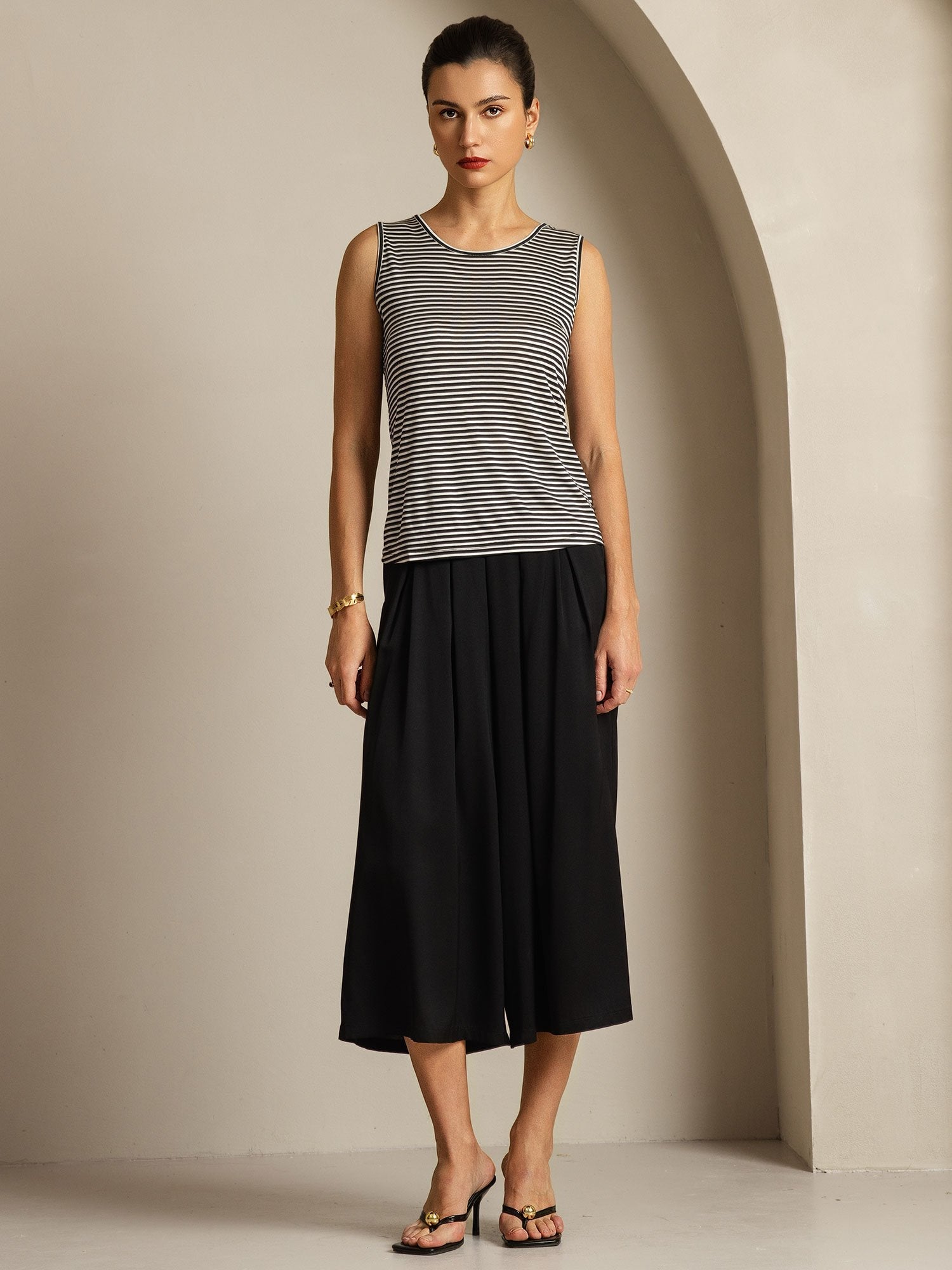 [White Stripe] SilkSilky-CA Pure Silk Sleeveless Round Neck Camisole 006