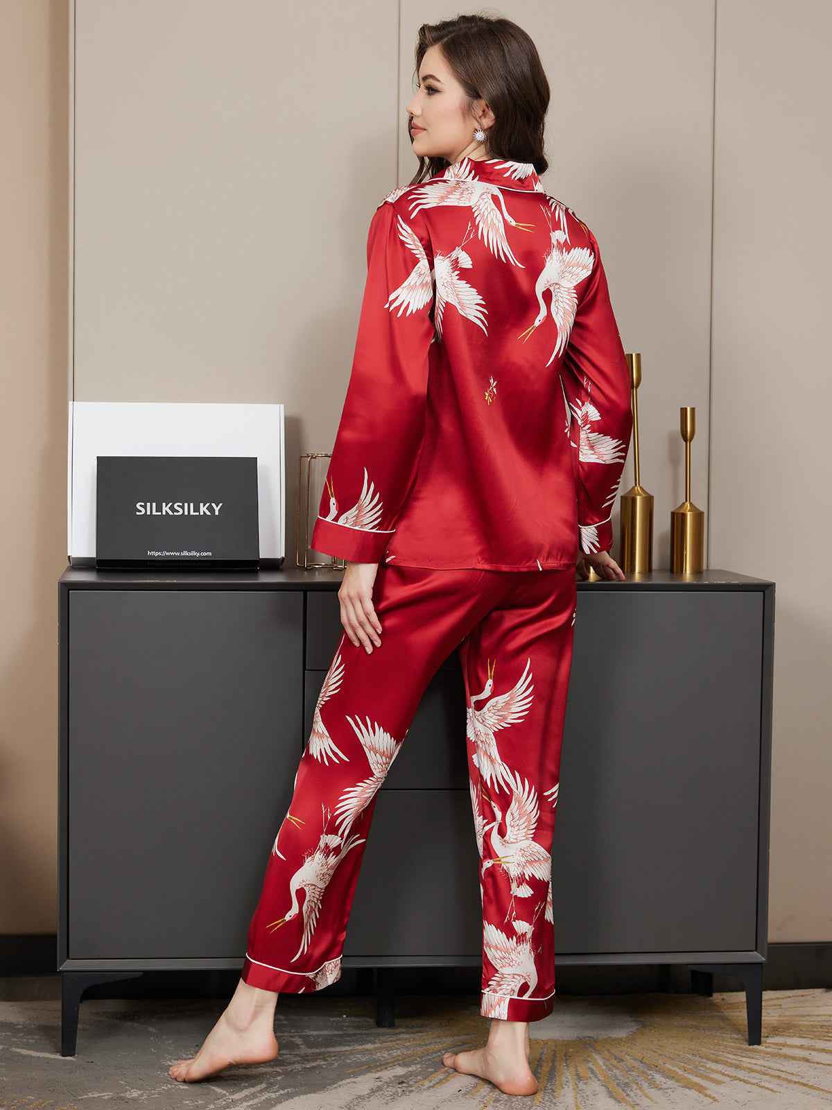 [Dark Red] SilkSilky-CA 19Momme Long Sleeve Notch Collar Women's Pajamas 006