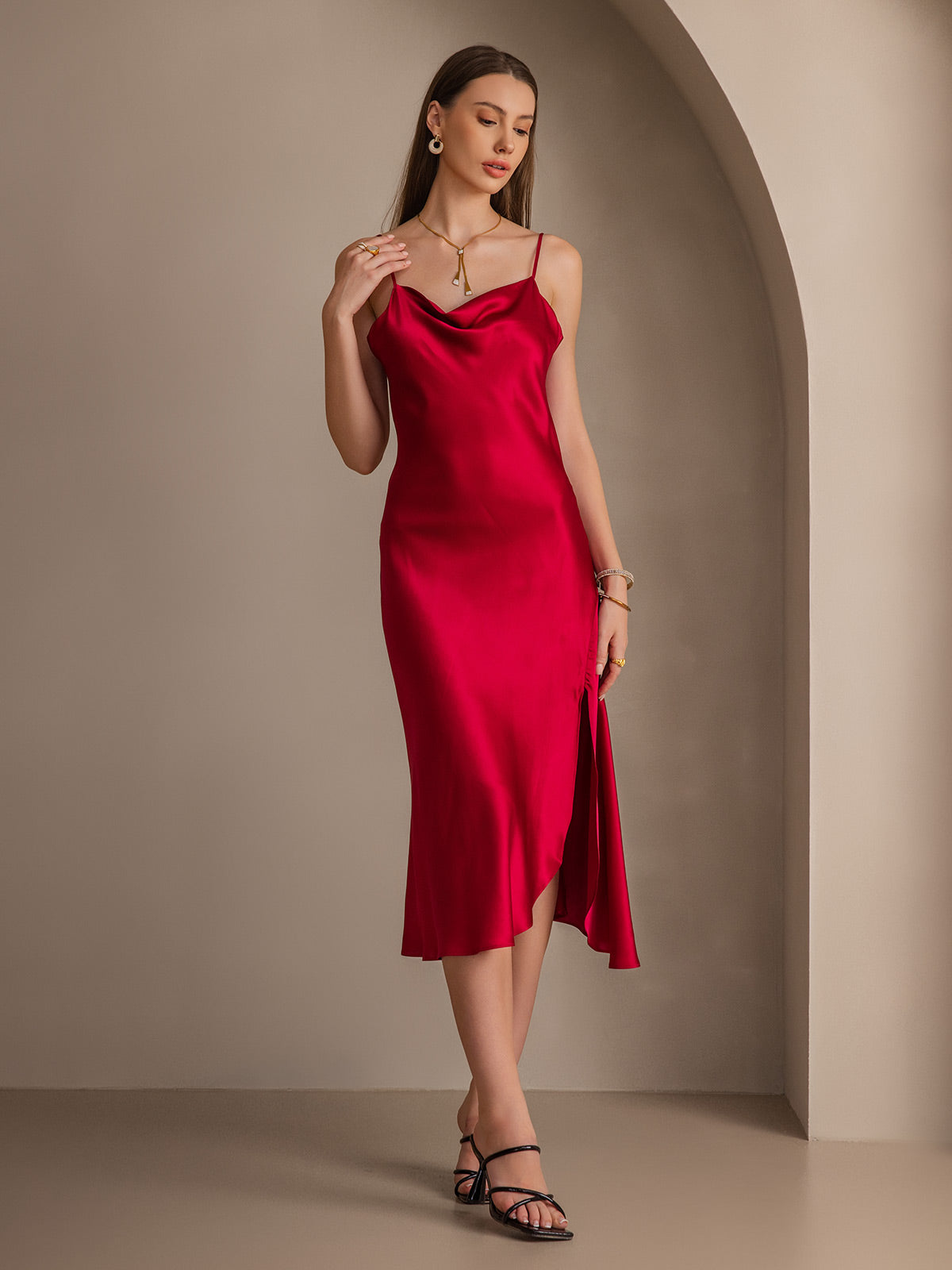 [Wine] SilkSilky-CA 19Momme Pure Silk Cowl Neck Dress 005