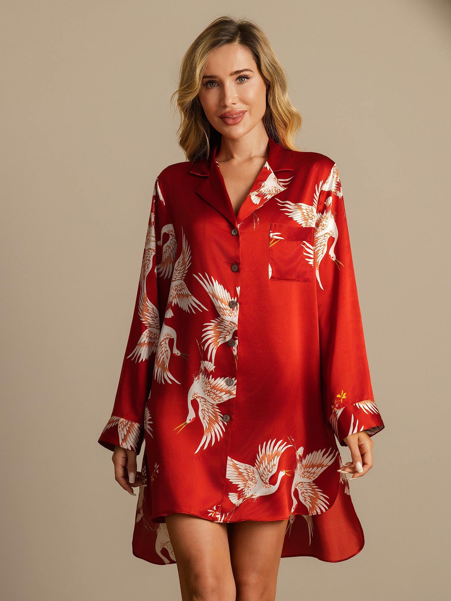 [DarkRed] SilkSilky-CA 19Momme Pure Silk Notch Collar Nightshirt 003