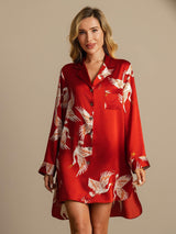 [Dark Red] SilkSilky-CA 19Momme Long Sleeve Notch Collar Nightshirt 003