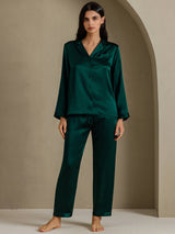 [Dark Green] SilkSilky-CA Long Sleeve Lapel Collar Women's Pajamas 006