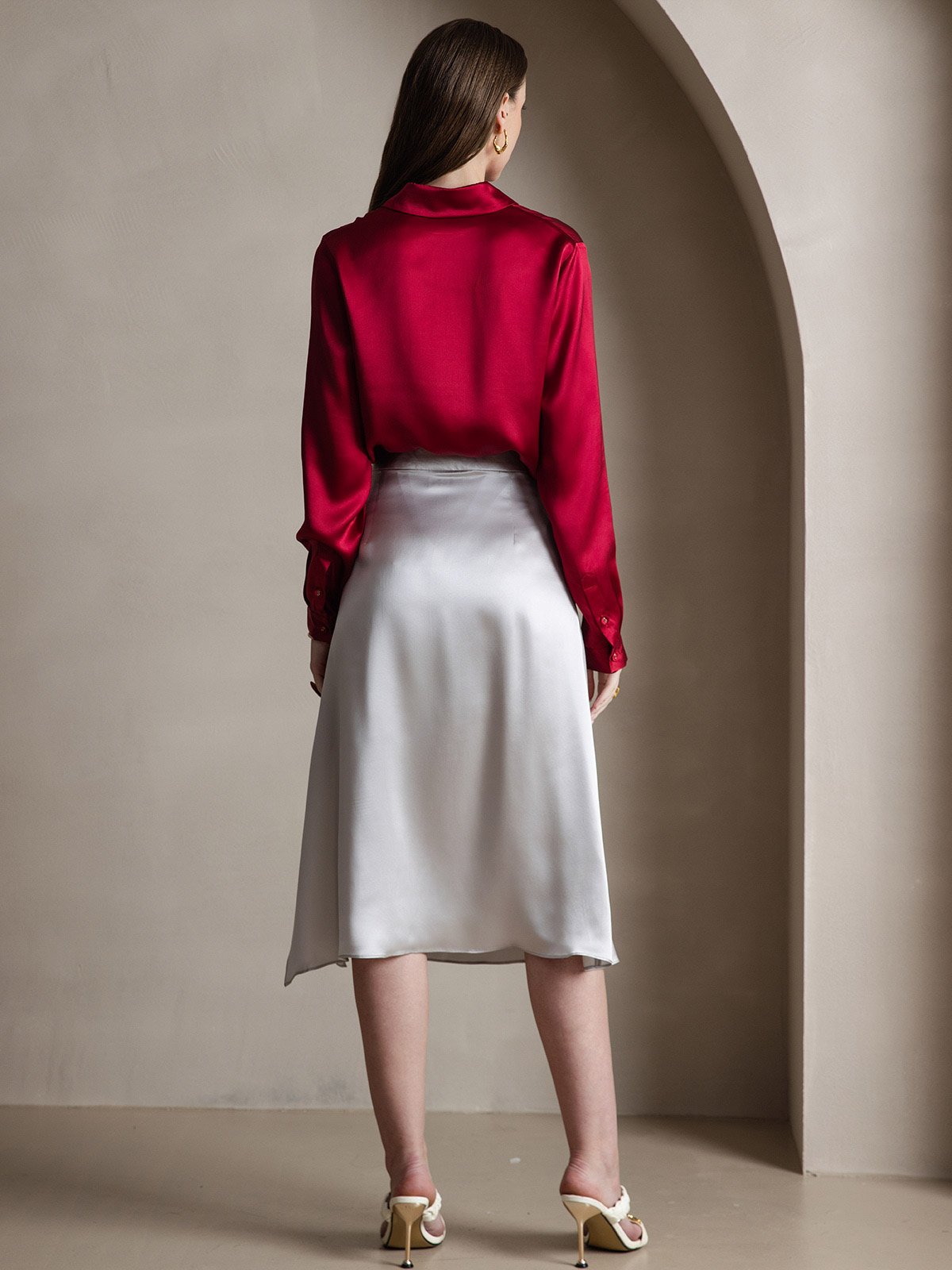 [Wine] SilkSilky-CA 19Momme Silk Long Sleeve Lapel Collar Women's Shirt 004