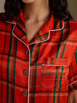 [Red Plaid] SilkSilky-CA Short Sleeve Notch Collar Women's Pajamas 004