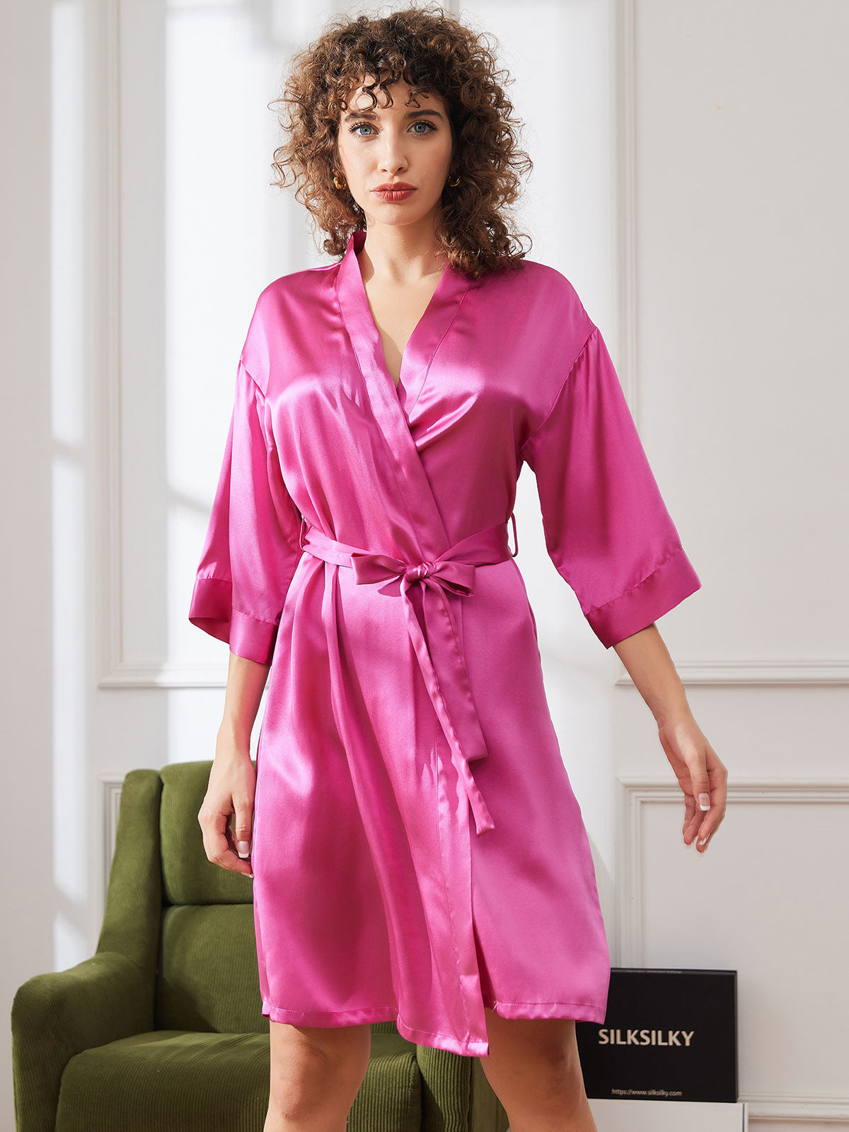 [Rose Red] SilkSilky-CA Pure Silk Womens Robe 003
