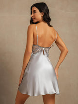 [Grayish Blue] SilkSilky-CA Spaghetti Strap Deep V Neck Nightgown 002