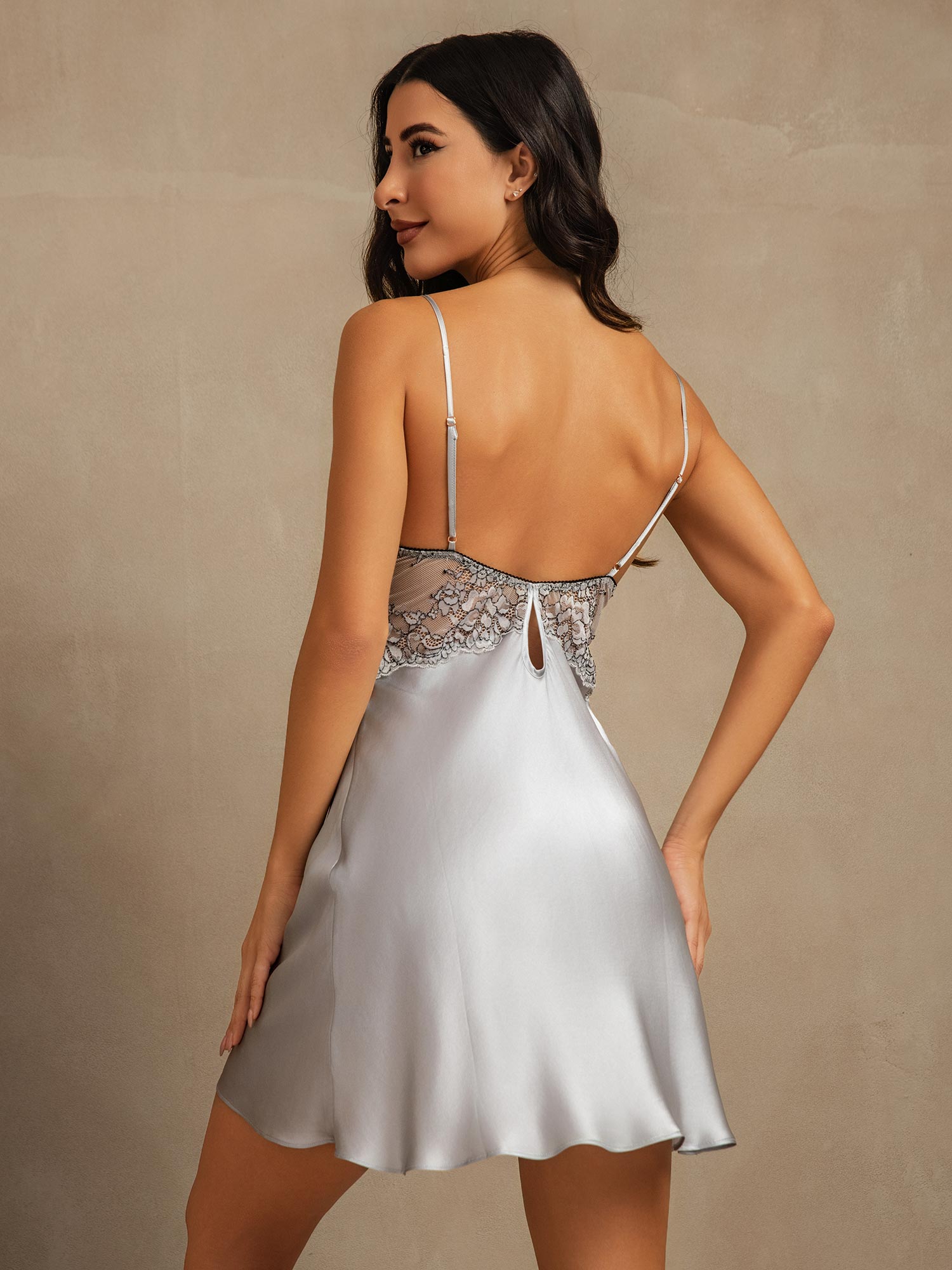 [Grayish Blue] SilkSilky-CA Spaghetti Strap V Neck Nightgown 002