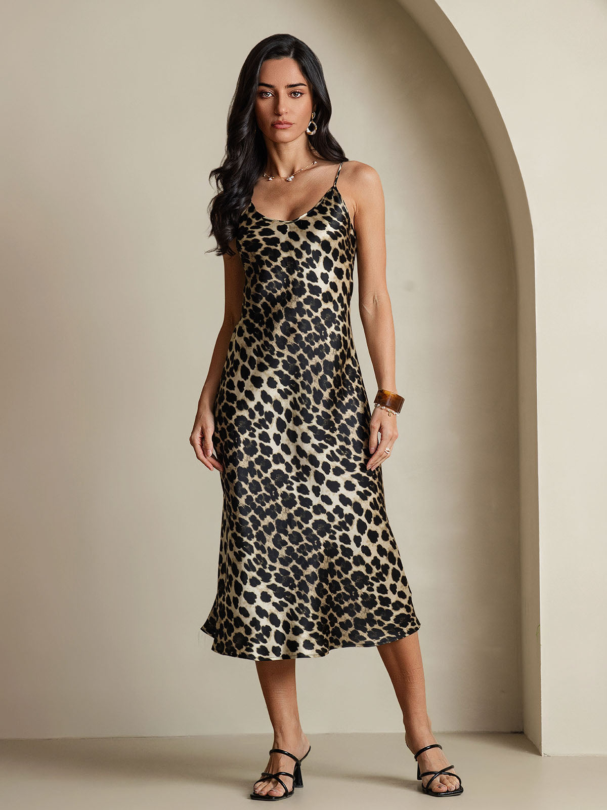 SilkSilky-CA Pure Silk Sleeveless Round Neck Nightgown Leopard 001