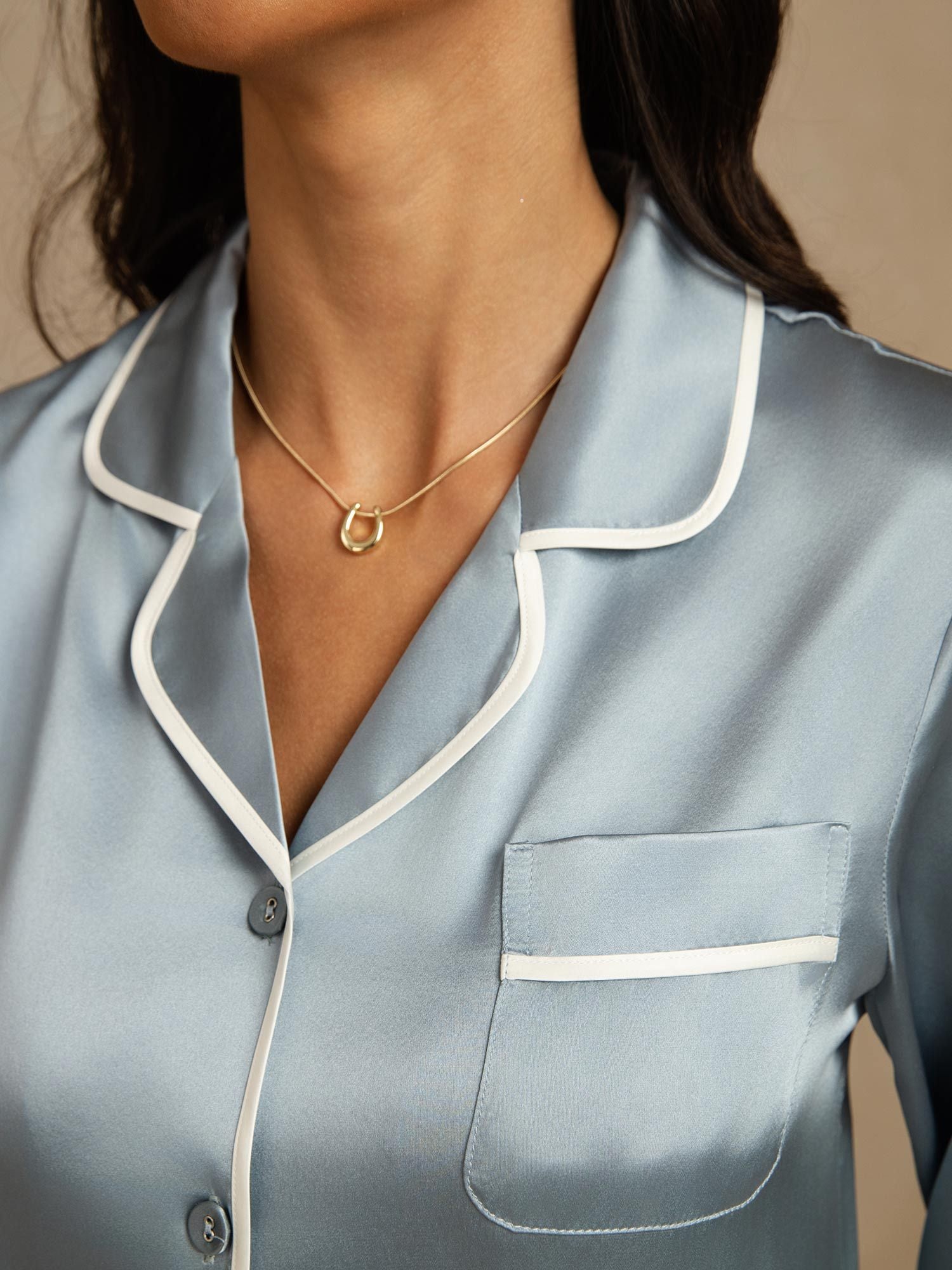 [GrayishBlue] SilkSilky-CA Pure Silk Lapel Collar Women's Pajamas 004