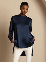 [Dark Blue] SilkSilky-CA 19Momme Stretch Silk Charmeuse Long Sleeve Stand Collar Blouse 007