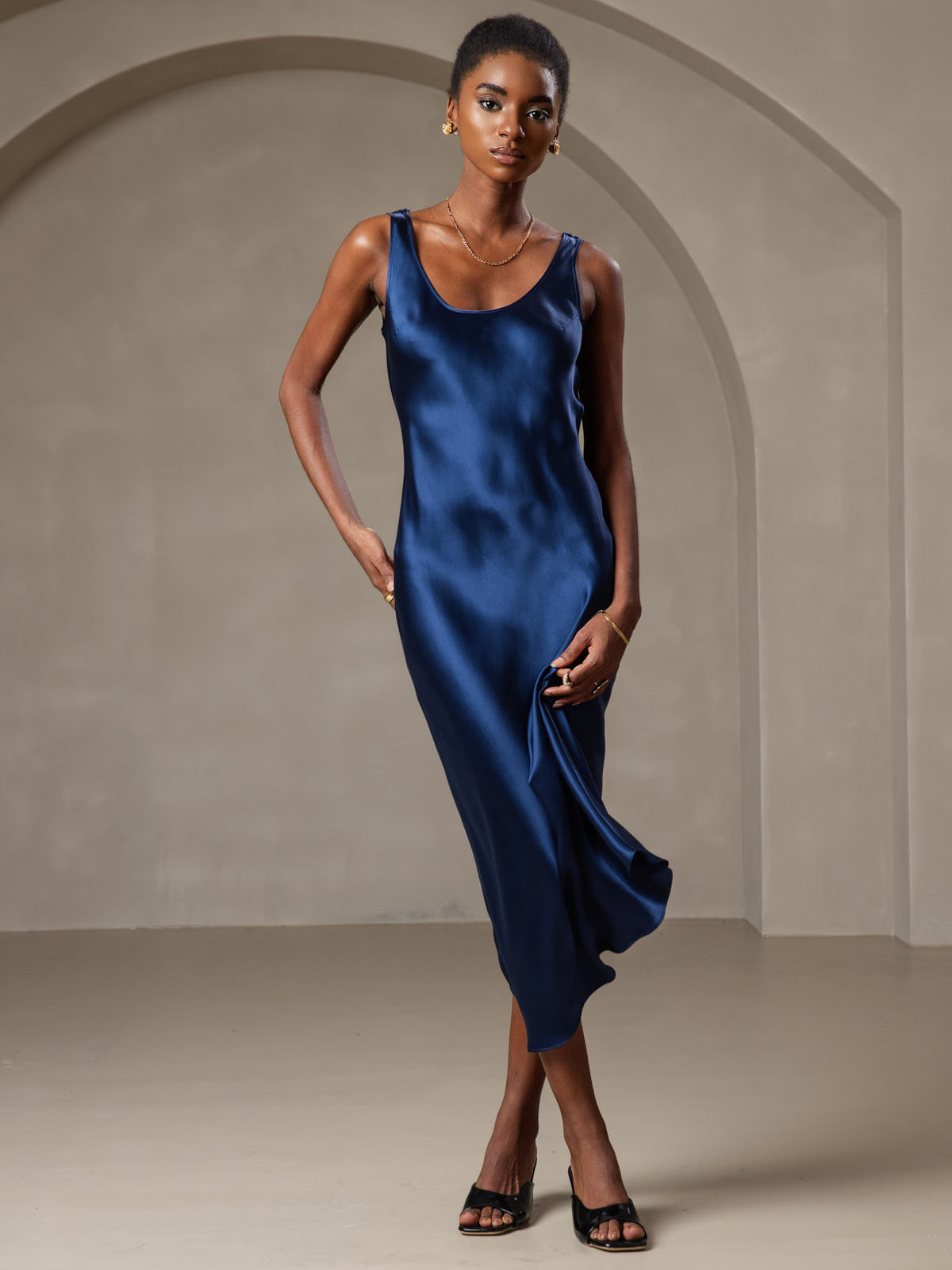 [Dark Blue] SilkSilky-CA Pure Silk Boat Neck Dress 005