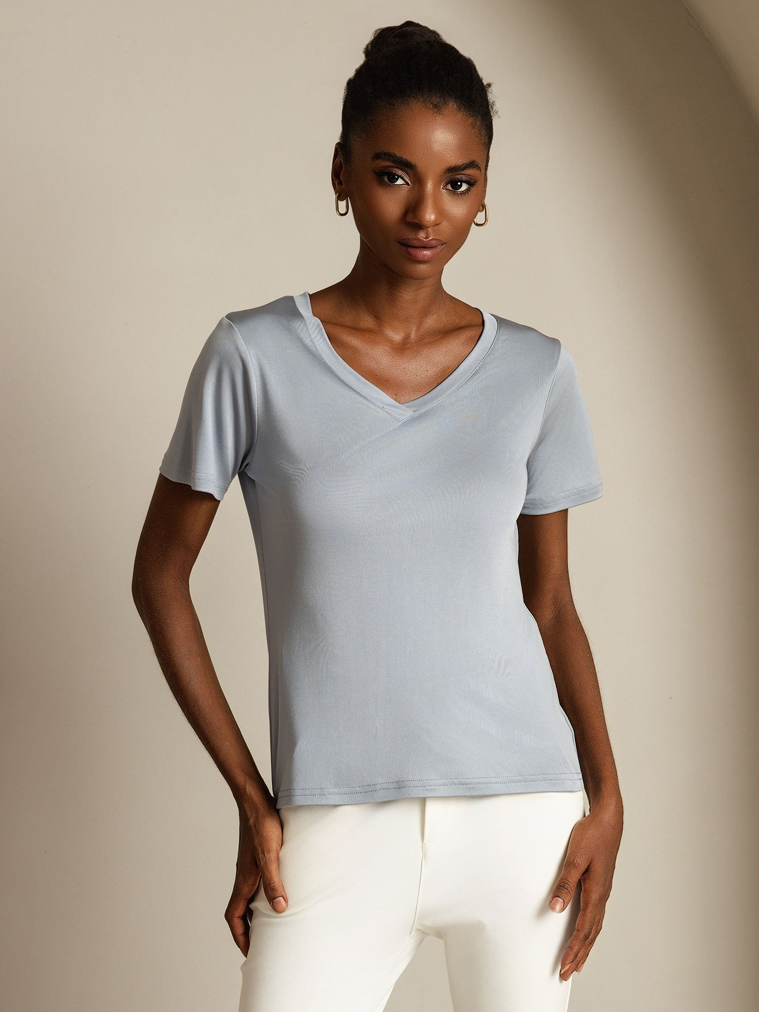 [LightGray] SilkSilky-CA Pure Silk V Neck Women's T-Shirt 003