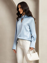 [Grayish Blue] SilkSilky-CA 19Momme Silk Keyhole Neck Women's Shirt 007
