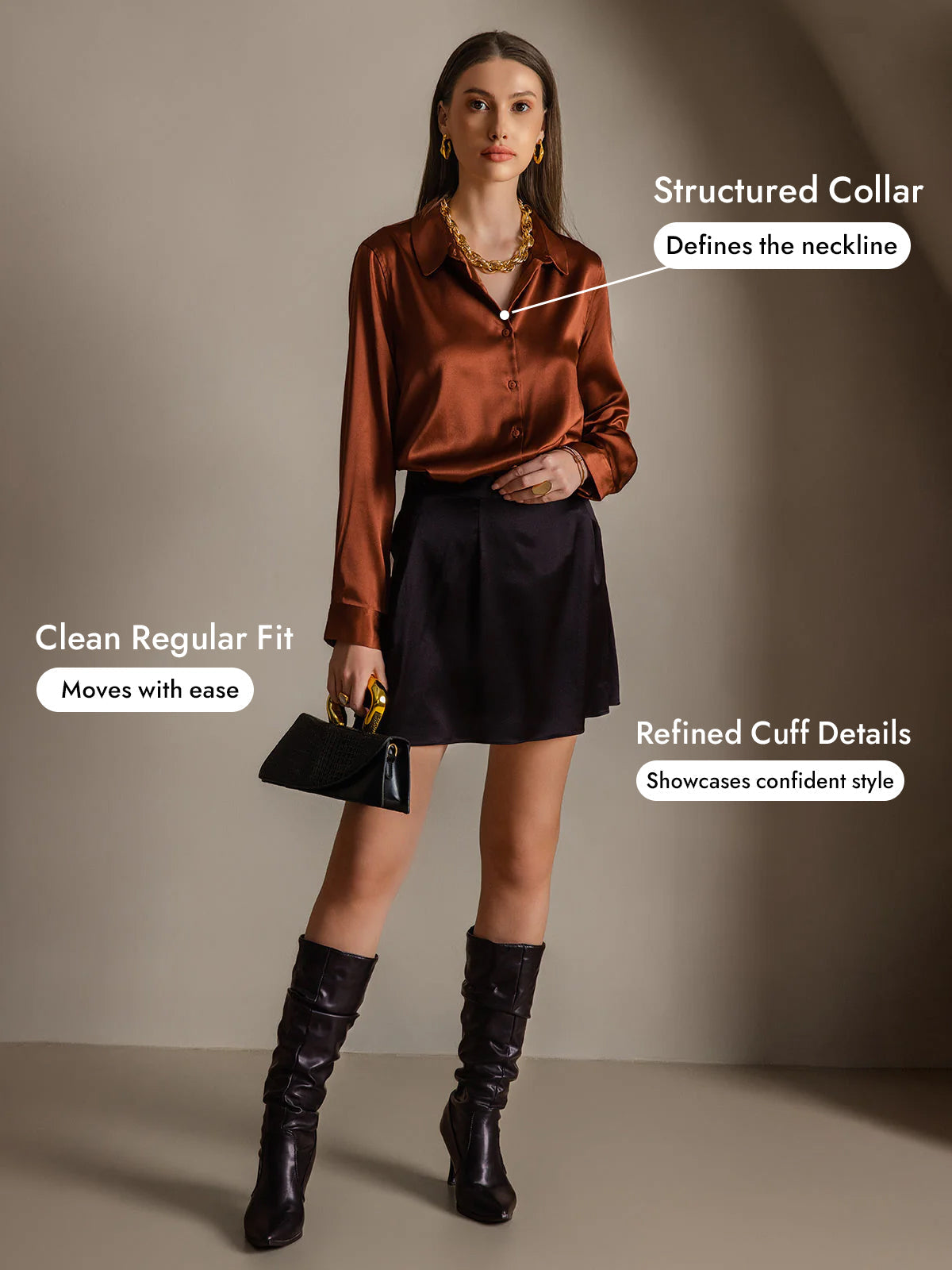 [Caramel] SilkSilky-CA Silk Long Sleeve Lapel Collar Women's Shirt 005