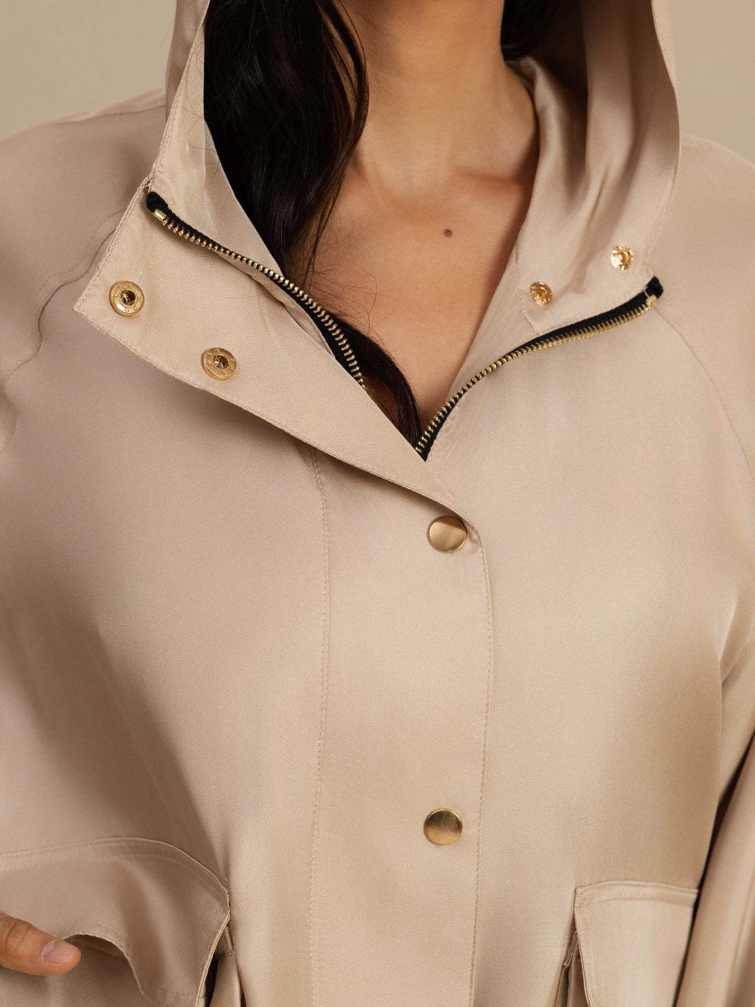 [Tan] SilkSilky-CA Silk Satin Surah Long Sleeve High Neck Women's Outerwear 007