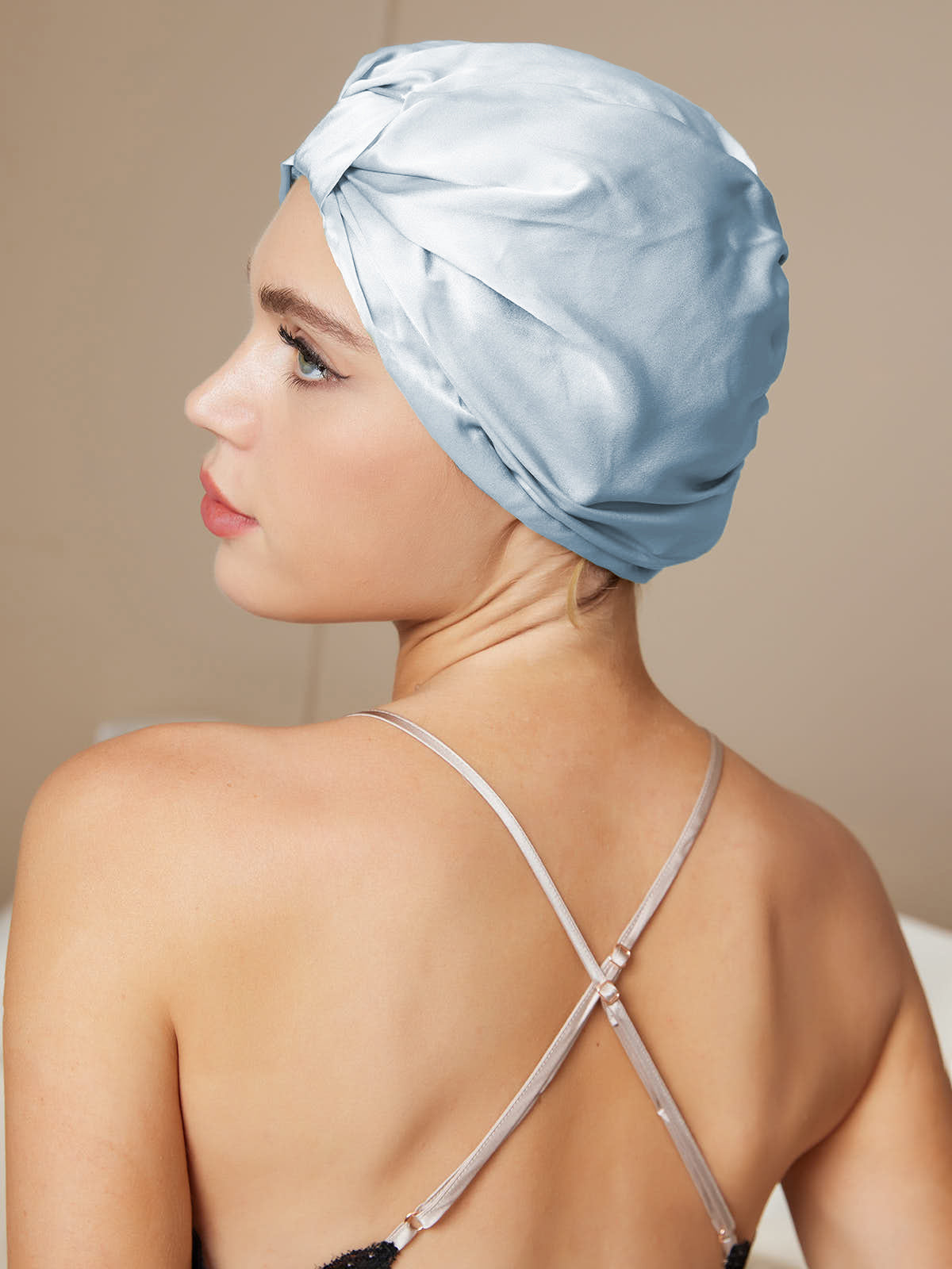 SilkSilky-CA Pure Silk Sleep Cap LightBlue 002