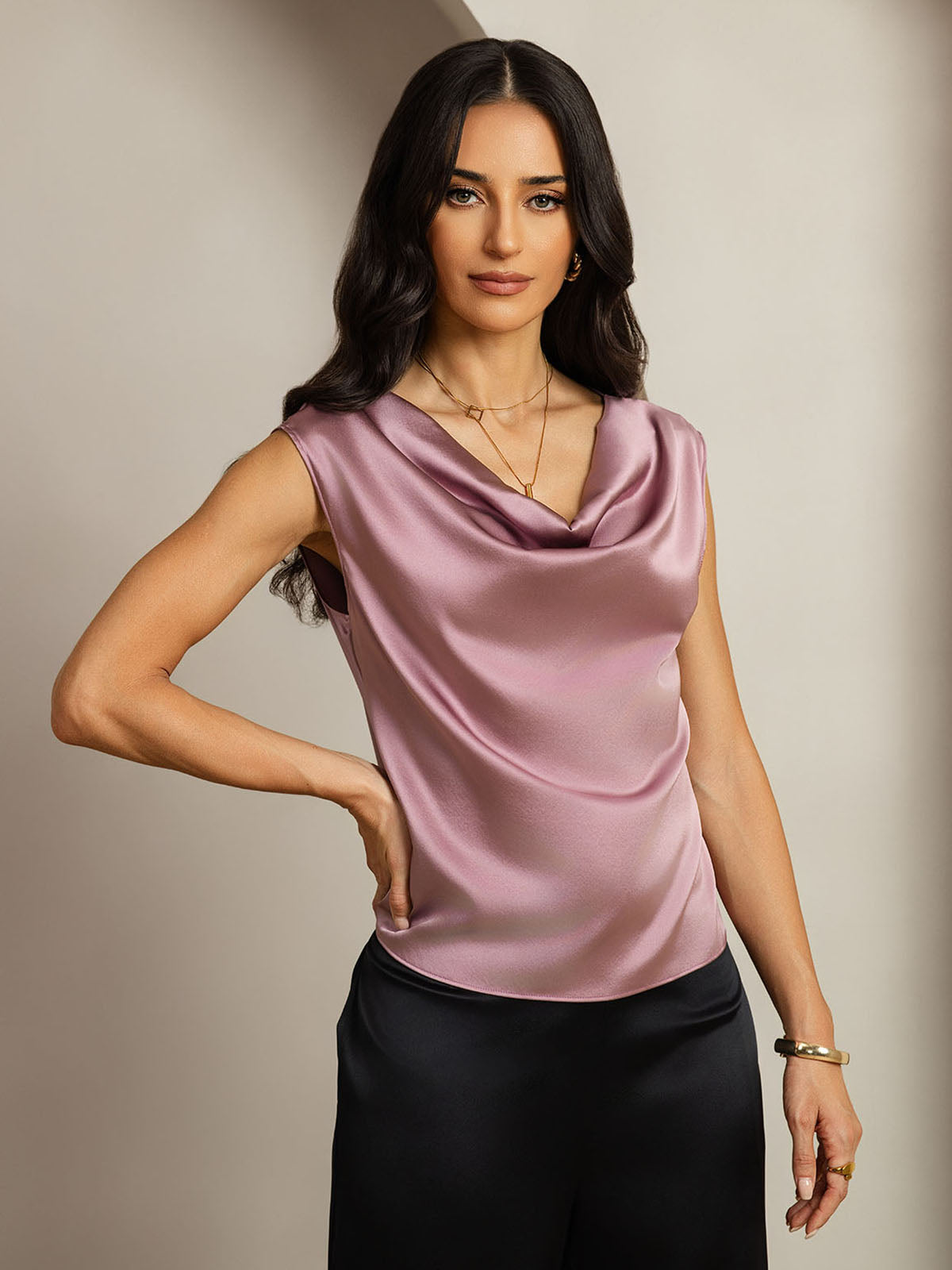 [Pale Mauve] SilkSilky-CA 19Momme Silk Cap Sleeve Cowl Neck Women's T-Shirt 004