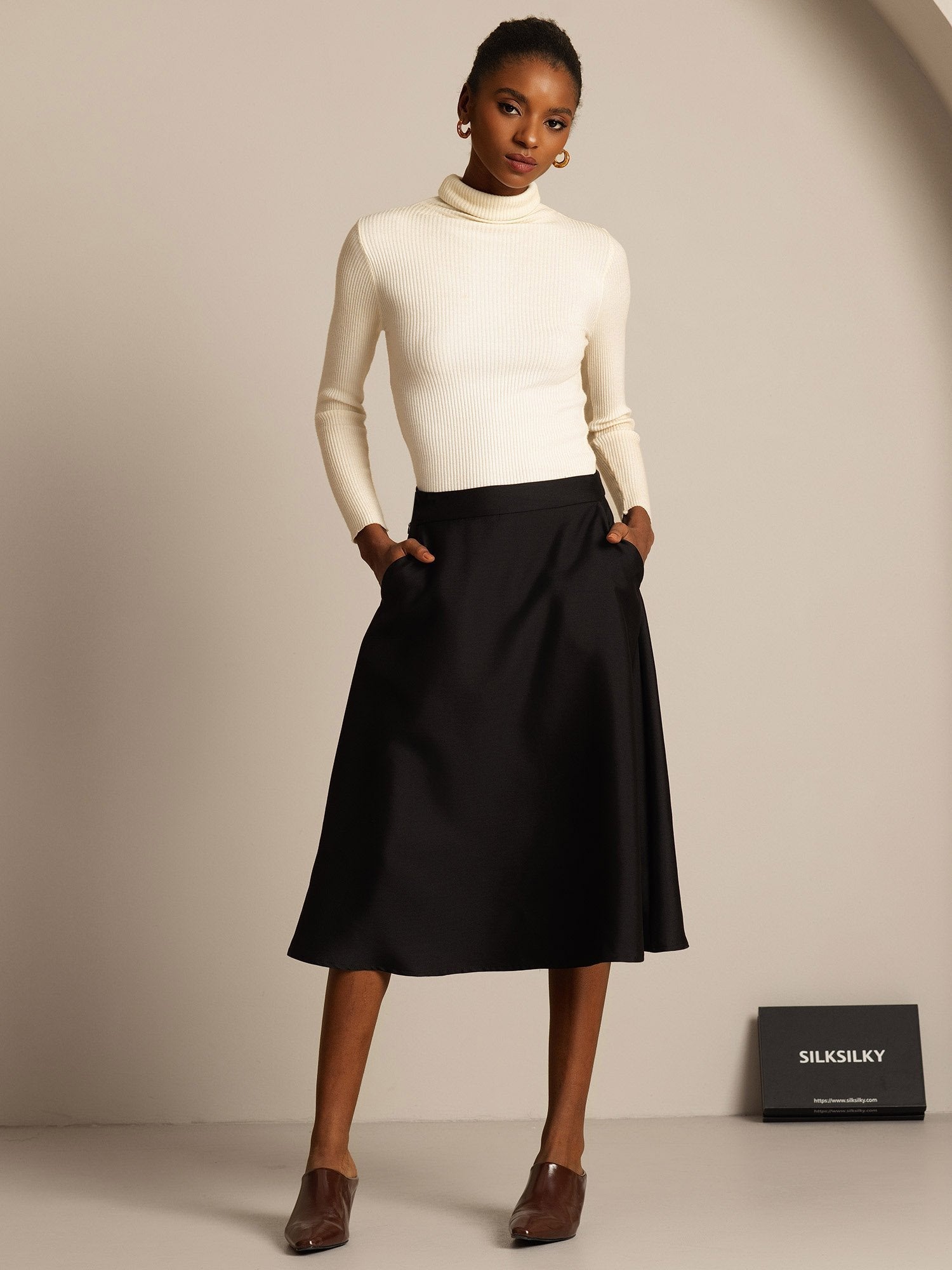 [Black] SilkSilky-CA 32Momme Silk-Wool Blend Skirt 005,