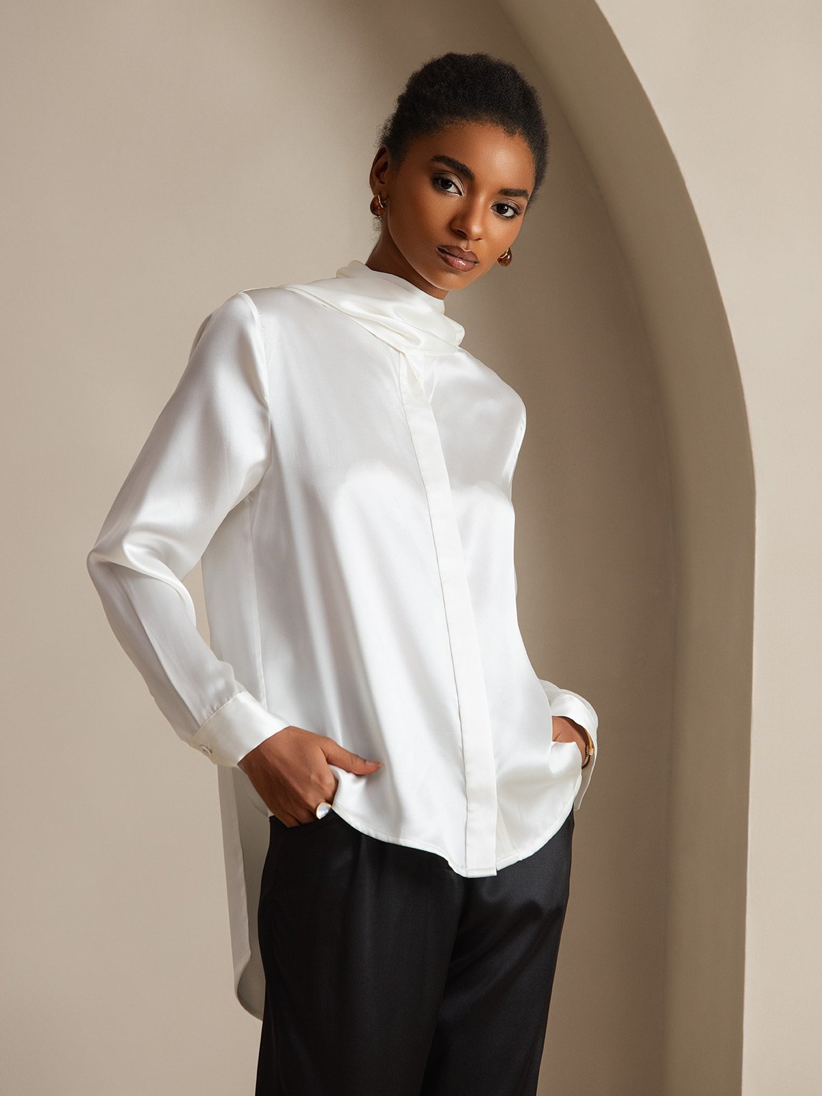 [White] SilkSilky-CA 19Momme Silk High Neck Women's Shirt 005,