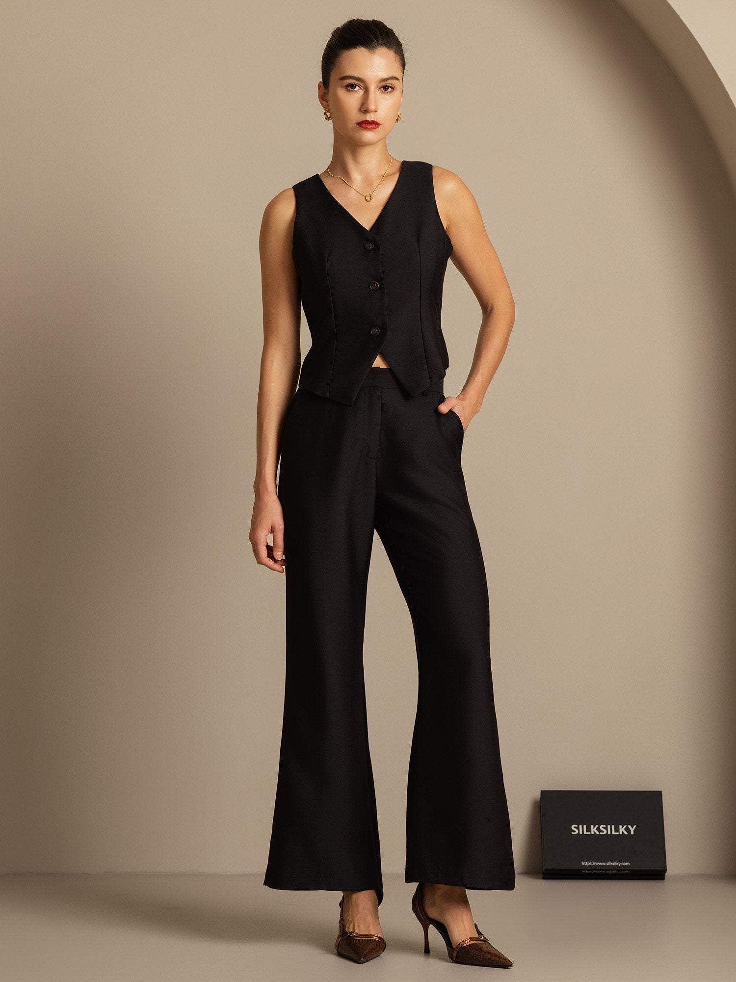 [Black] SilkSilky-CA 32Momme Silk-Wool Blend Womens Pants 004,