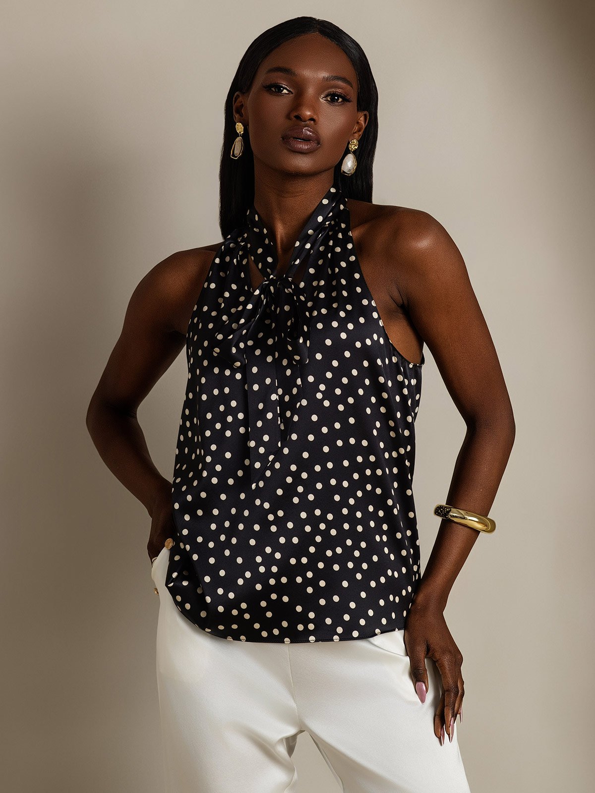 SilkSilky-CA 19Momme Silk Sleeveless Tie Neck Women's Shirt Black+White 004