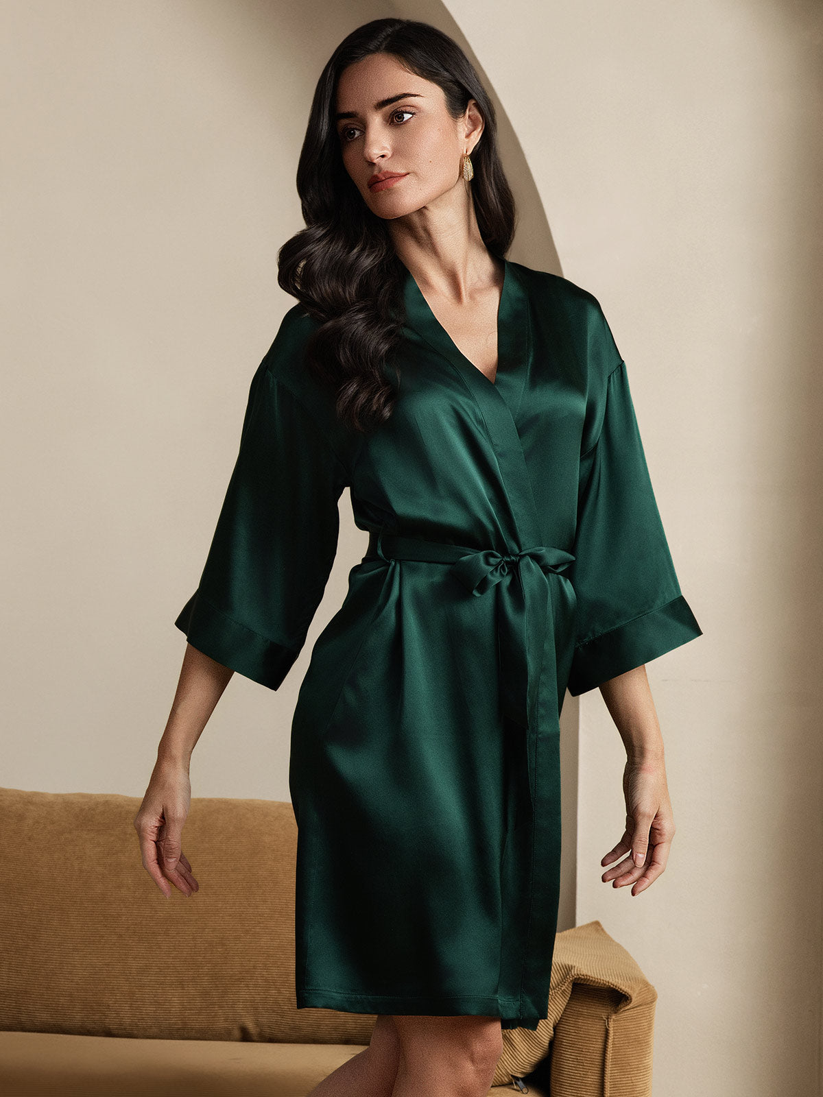 [Dark Green] SilkSilky-CA Pure Silk 3/4 Sleeve Wrap Women's Robe 001