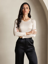 [Beige] SilkSilky-CA Silk Jersey Long Sleeve Round Neck Women's T-Shirt 005