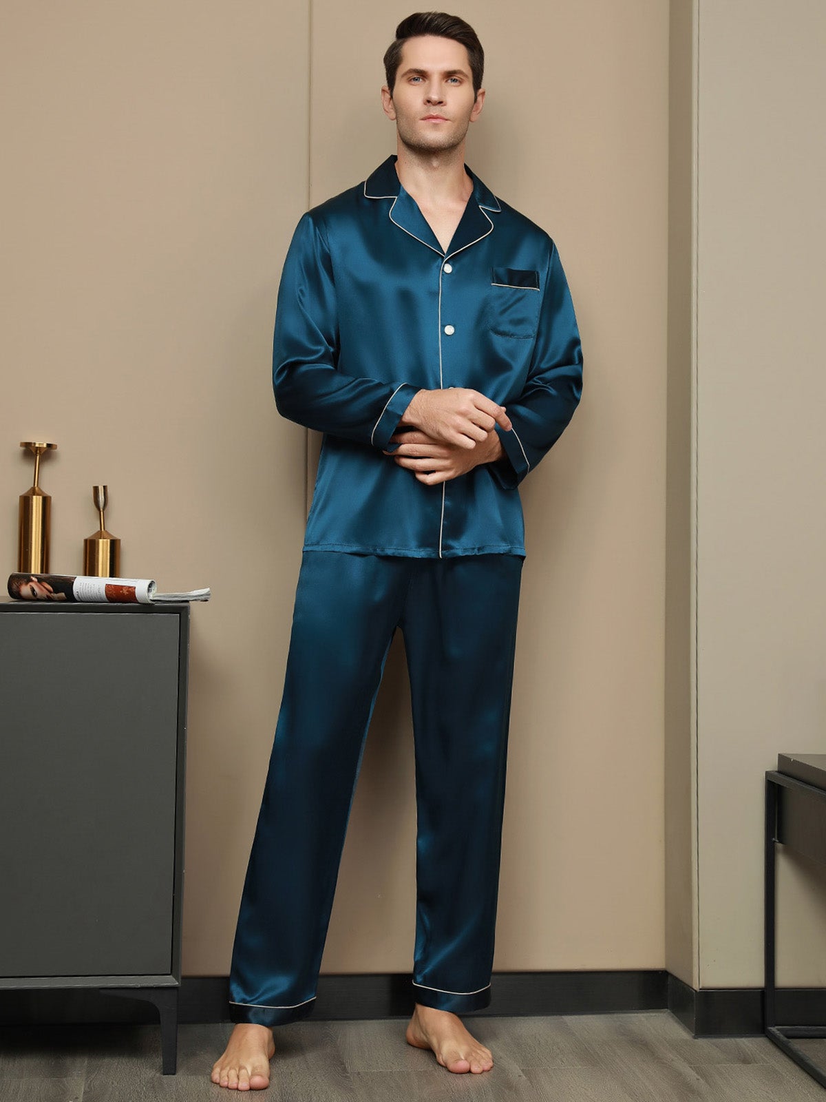 SilkSilky CA 19Momme Pure Silk Long Sleeve Lapel Men's Pajamas Teal 001