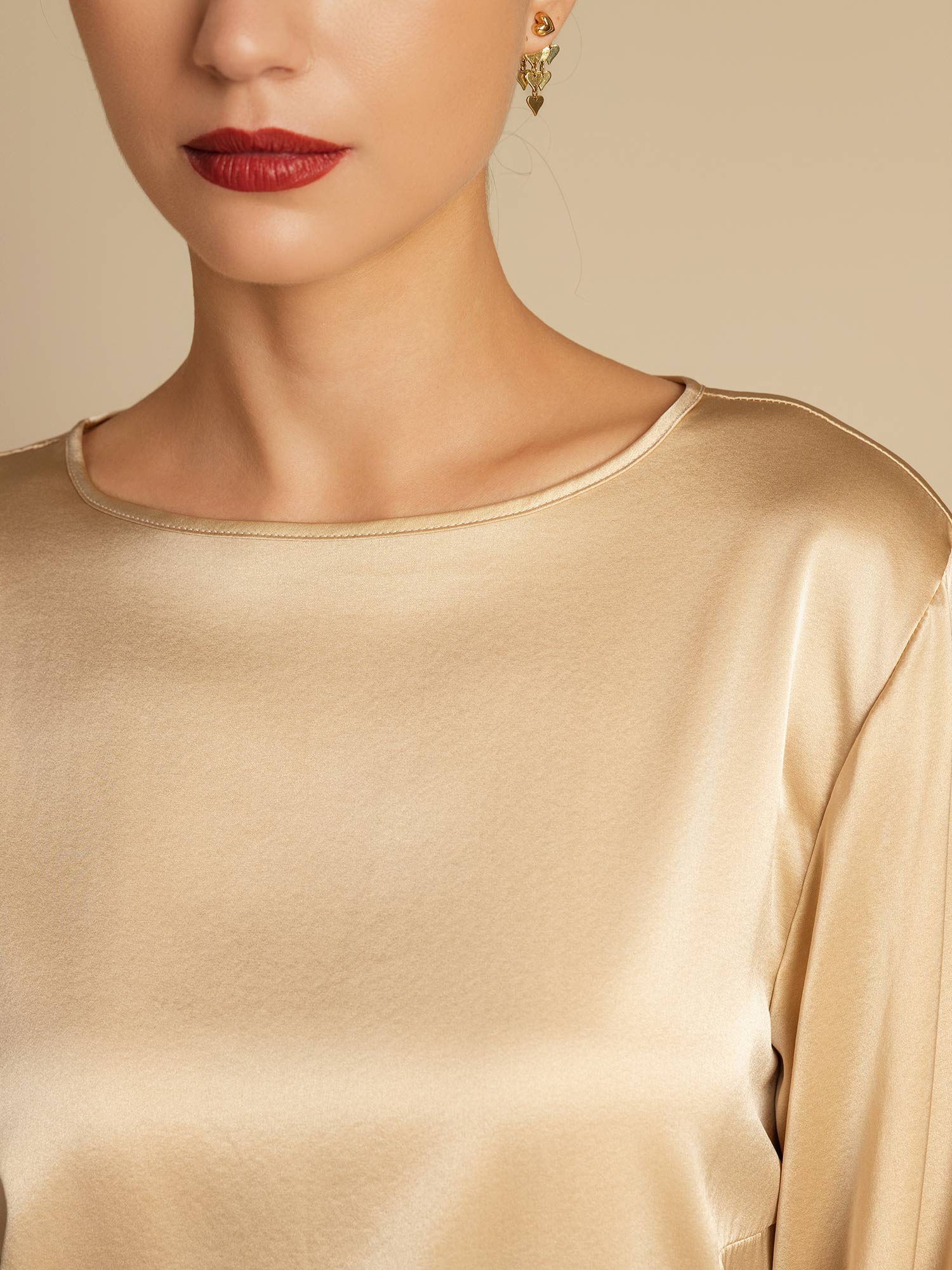 [Champagne] SilkSilky-CA 19Momme Silk Round Neck Women's T-Shirt 007,