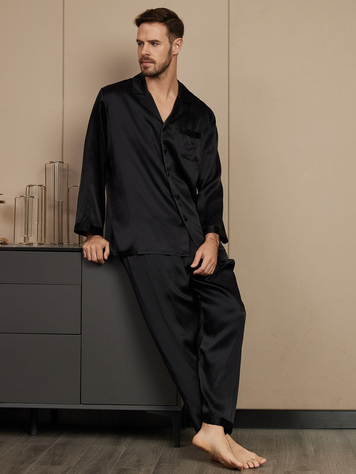 [Black] SilkSilky-CA Pure Silk Mens Pajamas 004