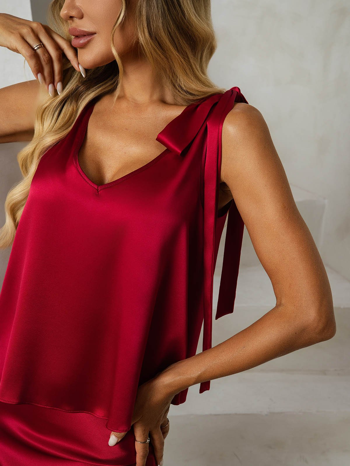 [Wine] SilkSilky-CA 19Momme Silk V Neck Women''s Outfit Sets 003