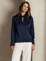 [Dark Blue] SilkSilky-CA 19Momme Silk Keyhole Neck Women's Shirt 005