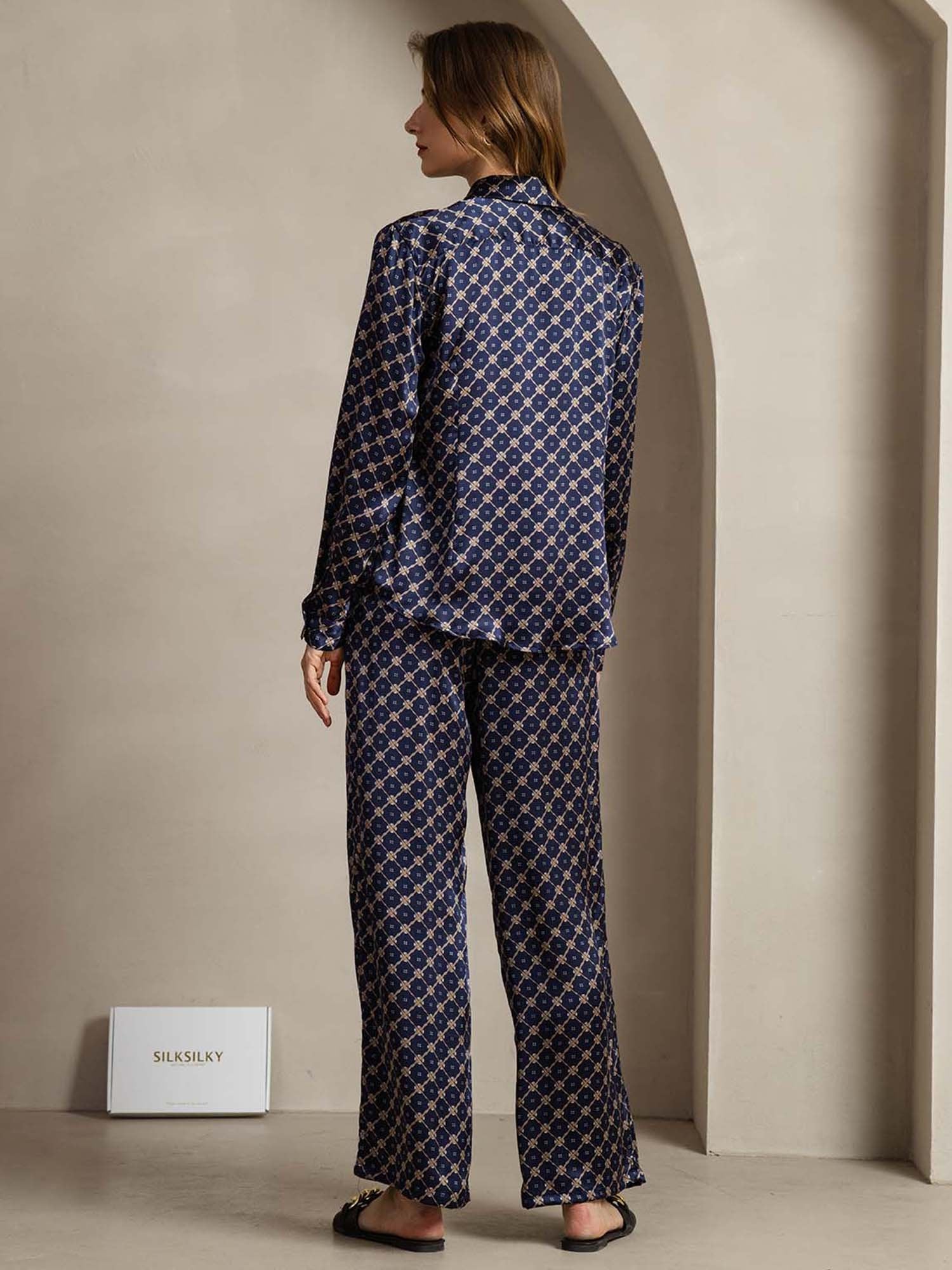 [Navy Chain] SilkSilky-CA 19Momme Silk Lapel Collar Women''s Outfit Sets 002