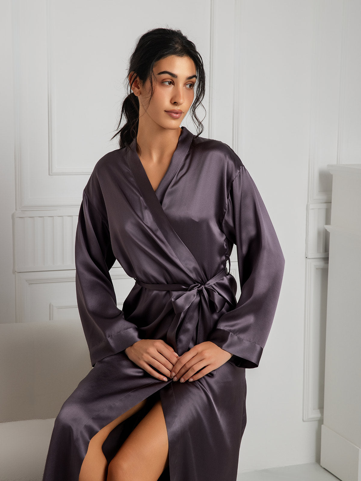 SilkSilky-CA Pure Silk Long Sleeve Womens Robe PurpleGray 006