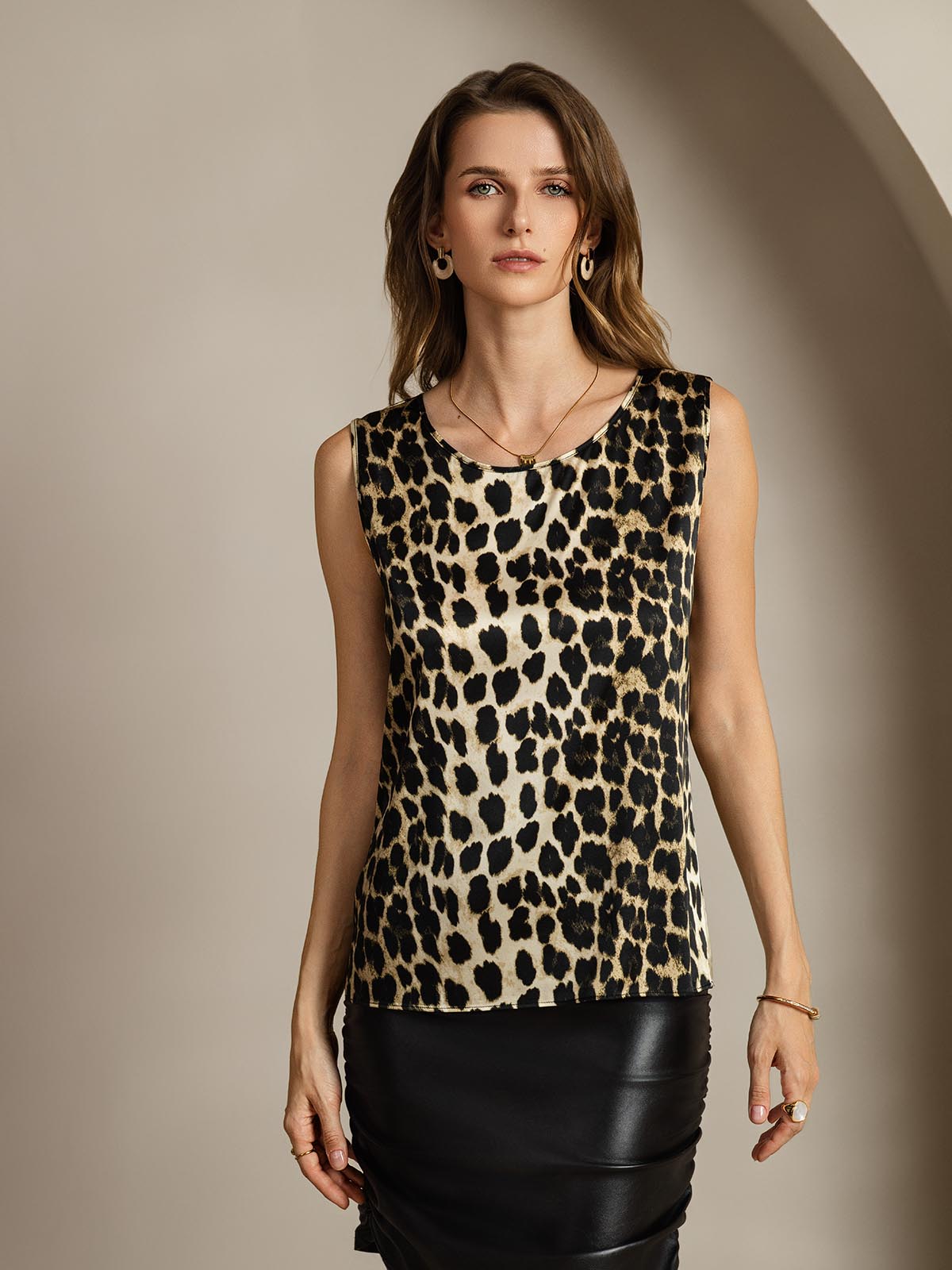 [Leopard] SilkSilky-CA 19Momme Silk Round Neck Camisole 001