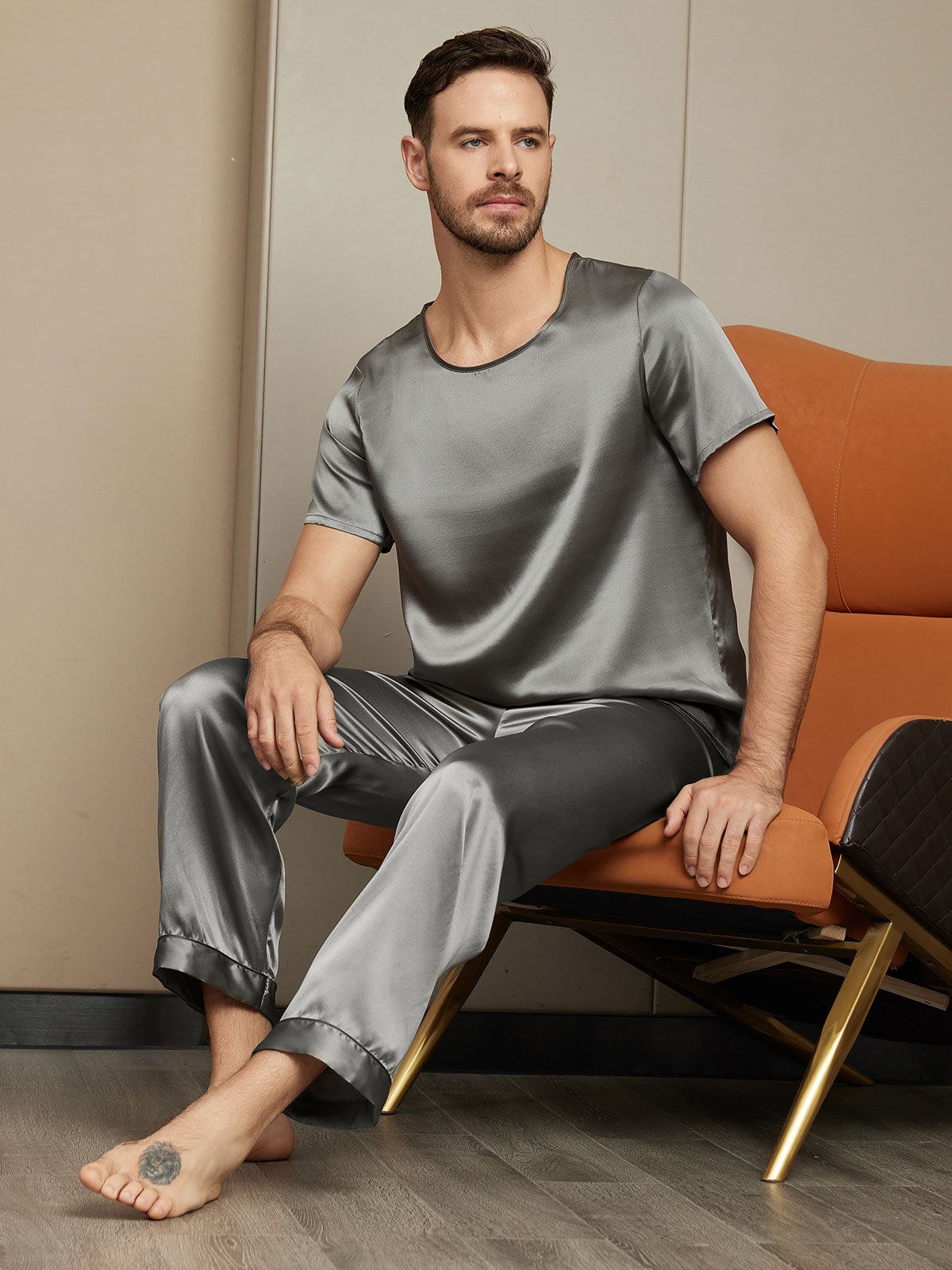 SilkSilky CA Pure Silk Short Sleeve Round Neck Men's Pajamas DarkGray 004