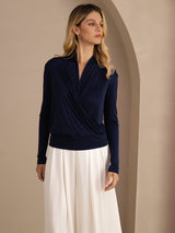 [Dark Blue] SilkSilky-CA Long Sleeve Wrap Women's Blouse 001