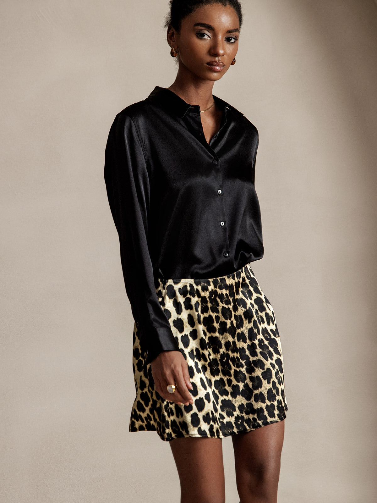 [Black] SilkSilky-CA 19Momme Stretch Silk Charmeuse Long Sleeve Lapel Collar Women's Shirt 005