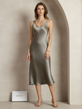 [Grayish Green] SilkSilky-CA Sleeveless Scoop Neck Dress 001