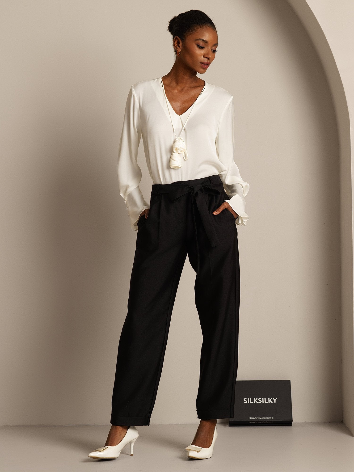 [Black] SilkSilky-CA 32Momme Silk-Wool Blend Womens Pants 007,