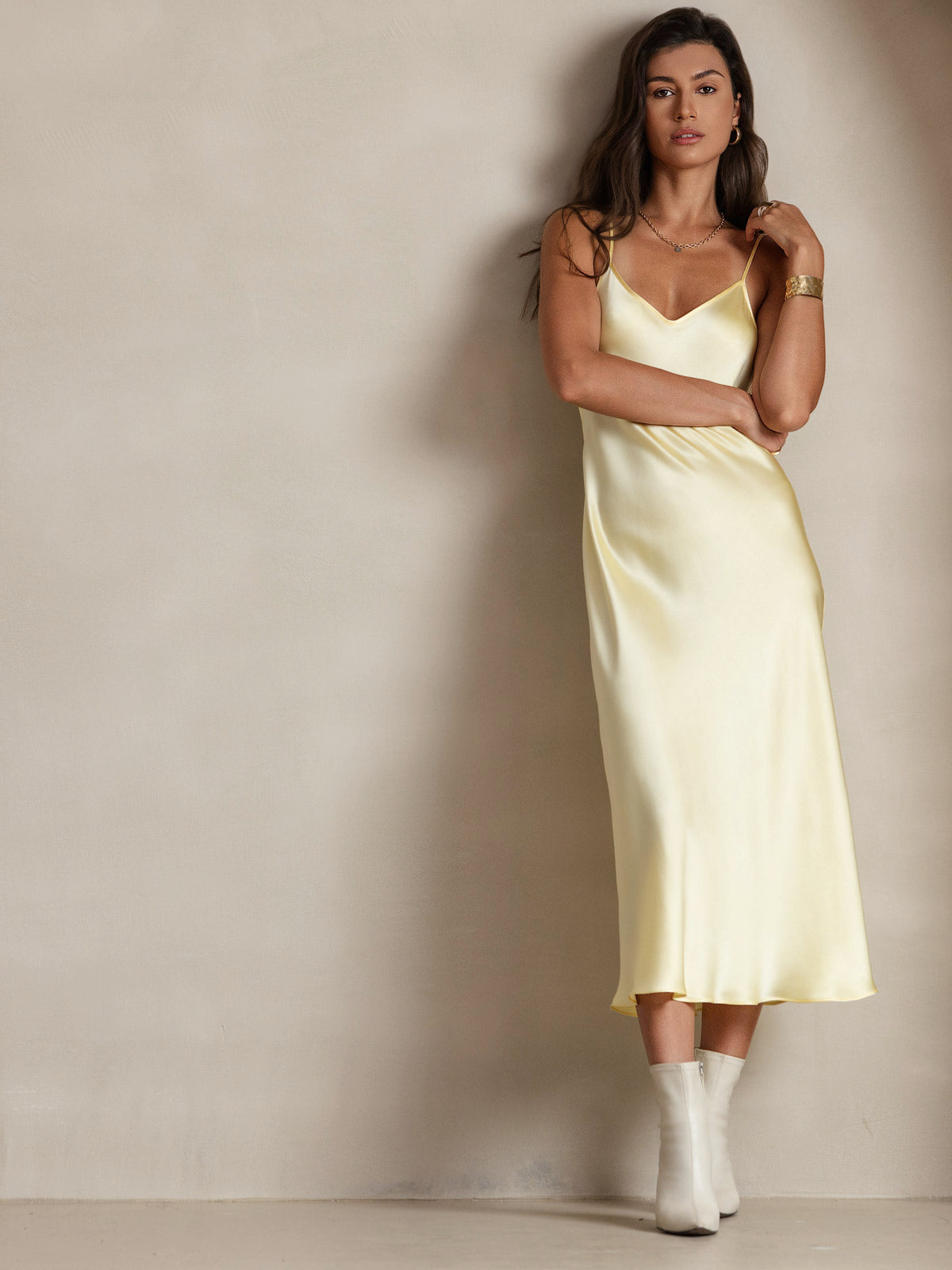 [Light Yellow] SilkSilky-CA Spaghetti Strap V Neck Nightgown 005