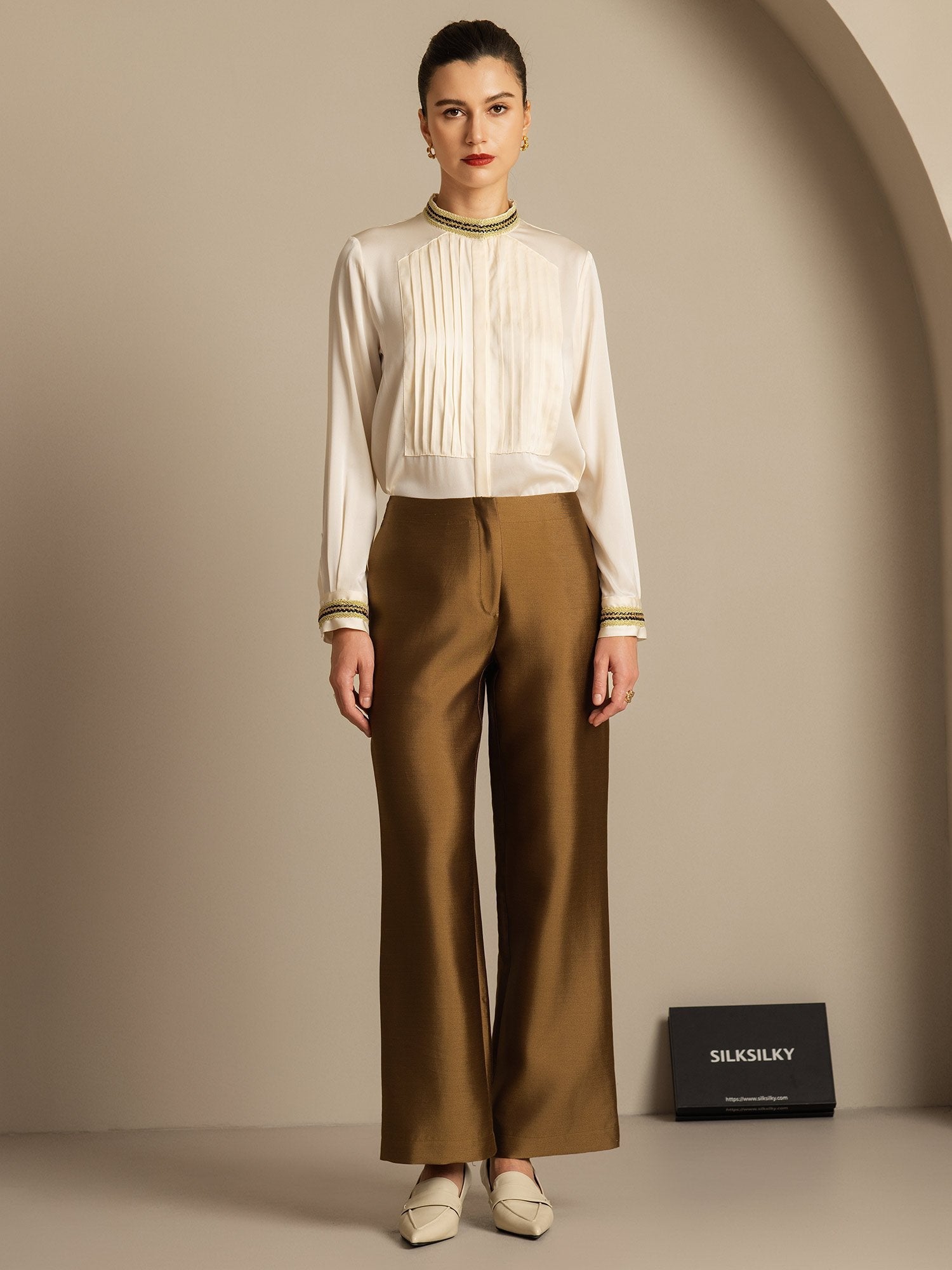 [Bronze] SilkSilky-CA 32Momme Silk-Wool Blend Womens Pants 005,