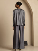 [Dark Gray] SilkSilky-CA 19Momme Stretch Silk Charmeuse Long Sleeve Round Neck Blouse 002
